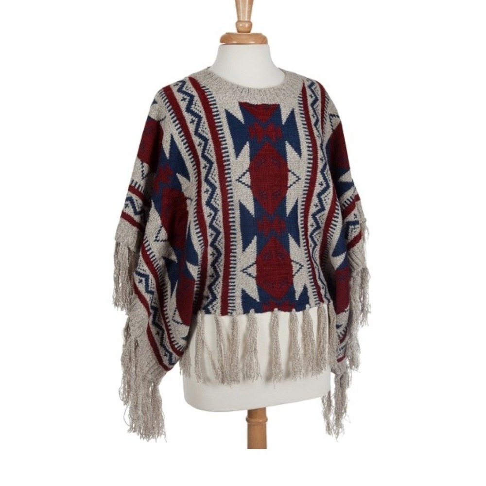 Womens Southwestern Tribal Knit Poncho Fringe Hem Geometric Navy Red Beige OS
